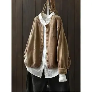 Durable Style) Women's Olive Green Casual Knit Cardigan - Loose Fit Long Sleeve Sweater Jacket with Buttons and Pockets|Autumn Winter Comfortable Acrylic Oversized Sweater