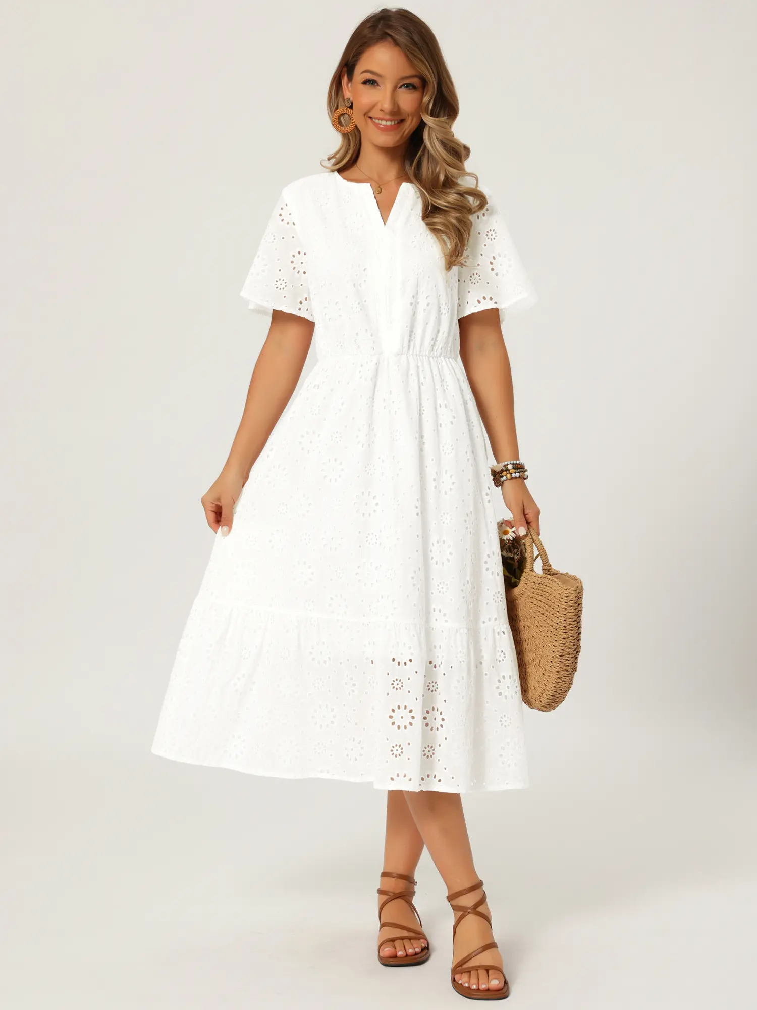 INSPIRE CHIC Women's Eyelet Dress Summer Casual Notched Neck Short Sleeve A  Line Lace Flowy Beach Midi Dresses - TikTok Shop