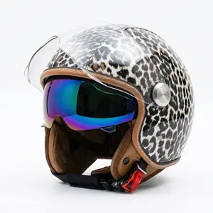 Quickool Moto DOT Leopard Print 3/4 Helmet Dual Visor Retro Open Face Scooter Moped Women Motorcycle Helmet Bonus Shields
