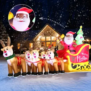 12FT Christmas Inflatables Black Santa Sleigh, Black Santa Claus on Sleigh with Five Reindeers Blow up Giant Yard Decoration, Outdoor Built-in LED Lights Party Lawn Holiday Winter Decor Outside