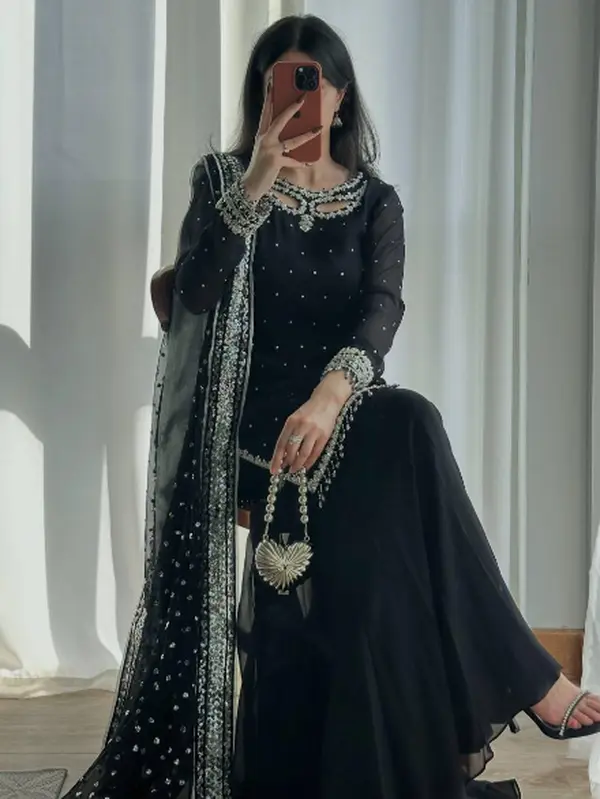 ATTRACTIVE FAUX GEORGETTE EMBROIDERY SEQUENCE WORK TOP SHARARA WITH DUPATTA BLACK