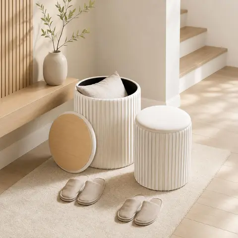 Velvet Storage Ottoman Set of 2 – Round Footrest Stools with Hidden Compartments, 18" & 14" Tall, Supports 250 LBS, Beige, for Living Room, Bedroom, Entryway Storage