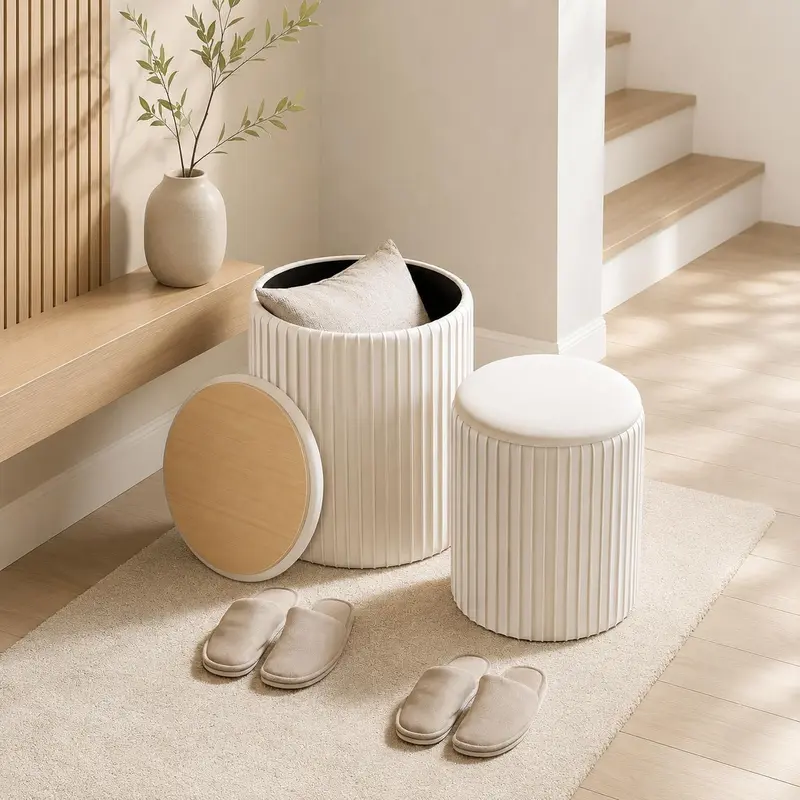 Velvet Storage Ottoman Set of 2 – Round Footrest Stools with Hidden Compartments, 18" & 14" Tall, Supports 250 LBS, Beige, for Living Room, Bedroom, Entryway Storage