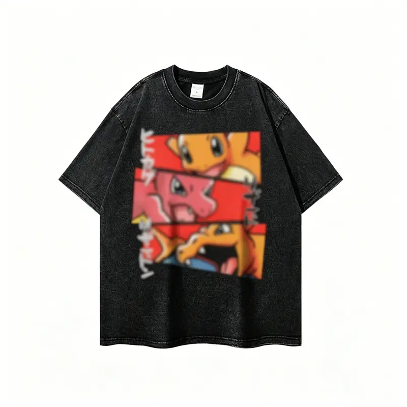 Stone Washed Black Cotton T-Shirt, Oversized Retro Streetwear Tee with Split-Frame Dragon Creature Graphic, 90s Anime Inspired Casual Shirt