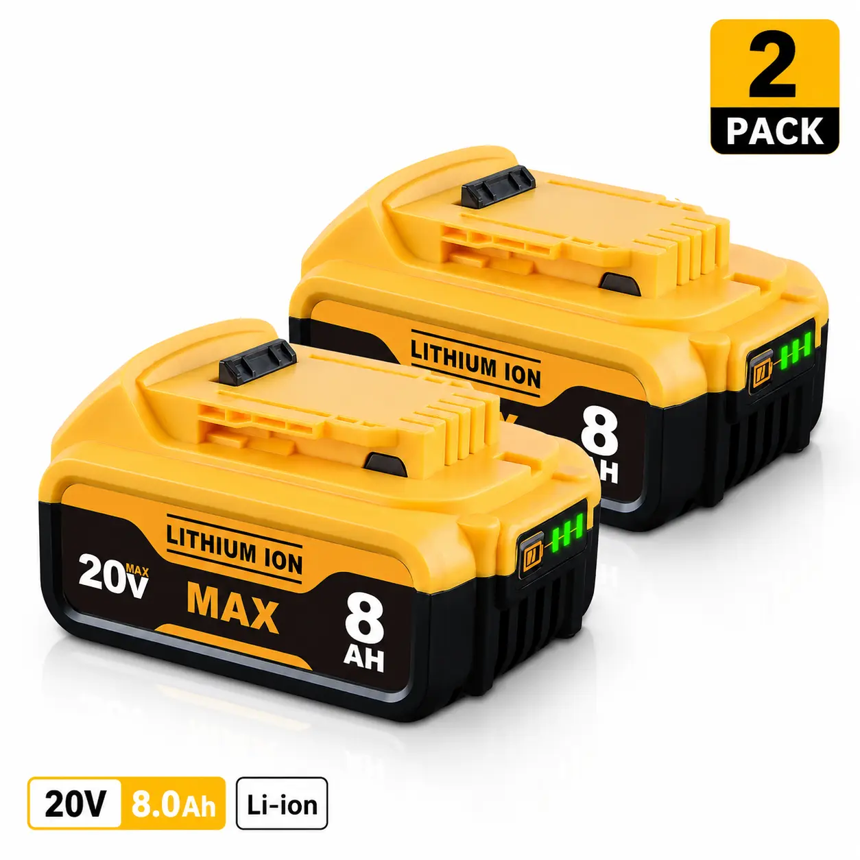 Upgraded Lithium Power Tools Batteries (2-Pack, 20V 8.0Ah 160Wh) - Replacement for Dewalt 20V Max DCB Series (DCB200, DCB206, DCB207) Cordless Drills Saws