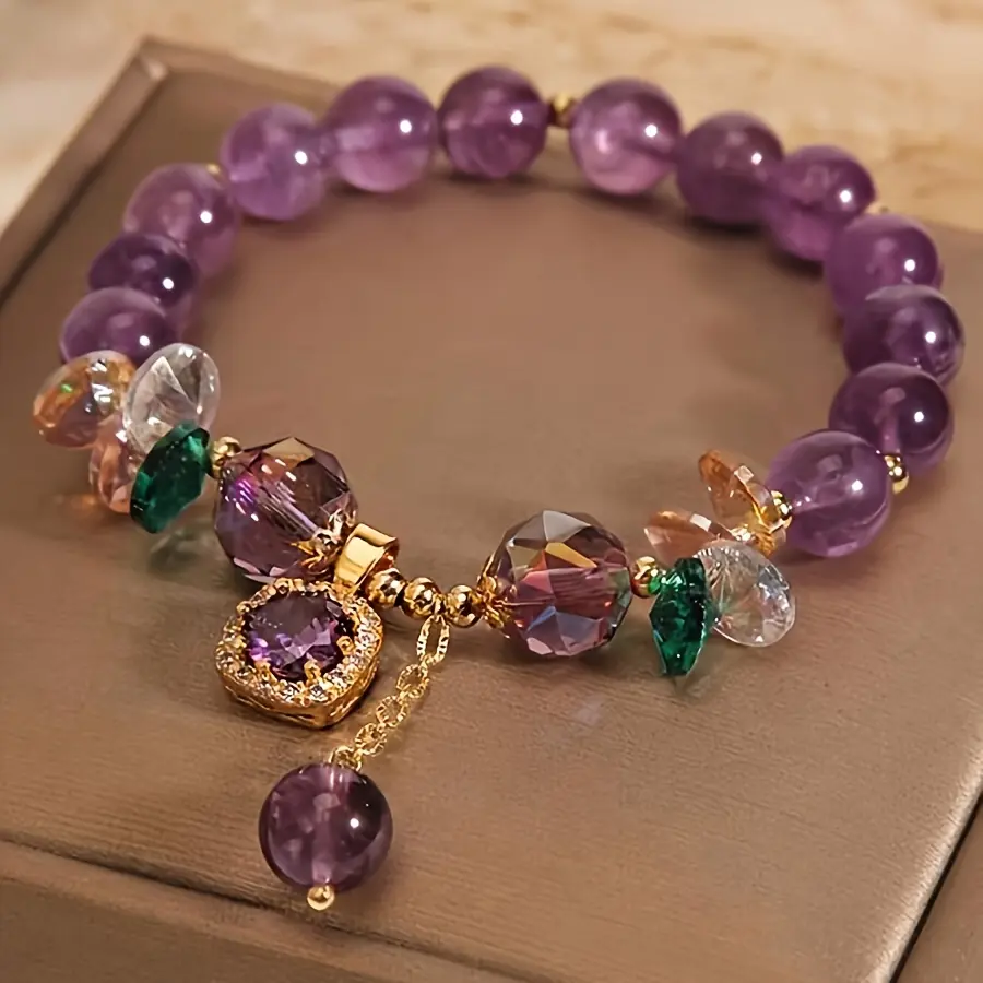 A Stylish Amethyst Bead Bracelet Adorned with Cubic Zirconia, Uncoated for a Fashionable Look, Perfect for Everyday Wear And Gifting to Women. brazalete  lacoste silver  bracelet