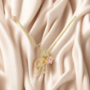 Customizable Name Necklace with Pink Gemstone & Gold Plated Chain for Couples' Special Occasions