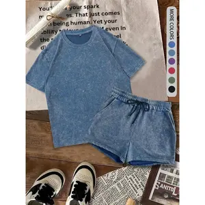 Women’s two-piece set featuring a solid-color denim-effect print T-shirt and shorts; casual basic crewneck short-sleeve T-shirt and shorts
