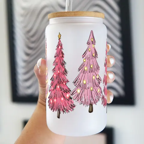 Pink Christmas Trees 40oz Glass Tumbler with Handle, Bamboo Lid & Straw