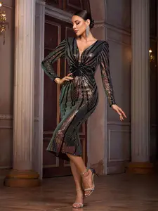 Plunging V-Neck Long Sleeve Sequin Bodycon Midi Dress with Elegant Twist Detail and Sparkling Sequins