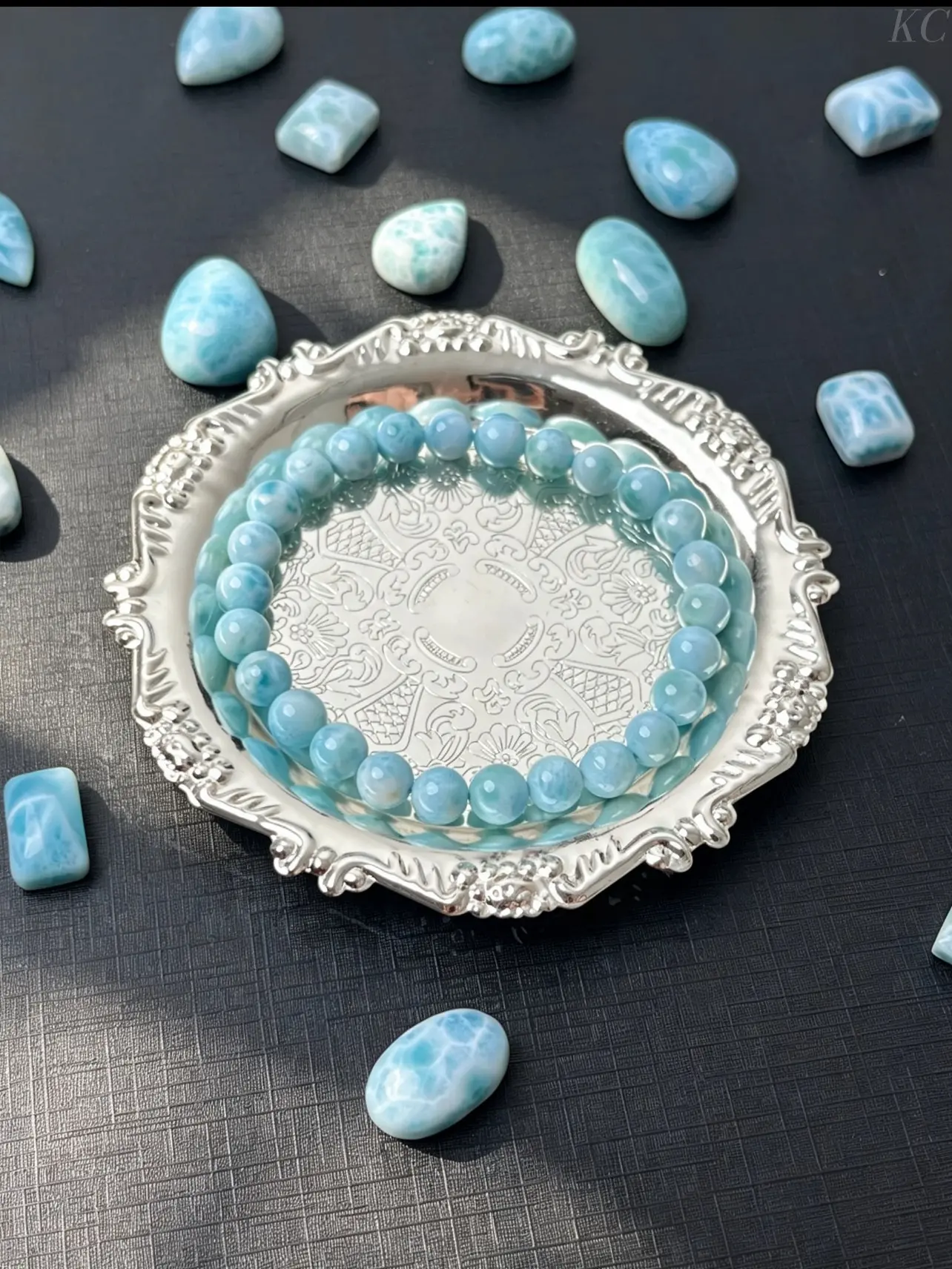 Daily‑Use Hand‑Strung Larimar Bracelet, Natural Polished Smooth Round Gemstone Stretch Beaded Jewelry