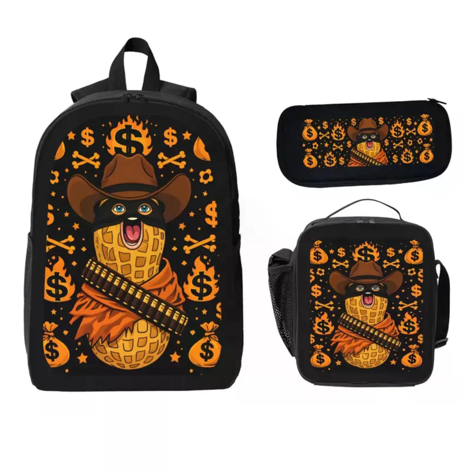 Burnt Peanut Goop Meme Backpack Set Polyester Bookbag with Lunch Bag & Pencil Case - Lightweight Durable Aesthetic Funny Cartoon Meme for Kids Teens Boys Girls Students Back to School Travel Daily Carry, Viral Trending TikTok Gift for Fans