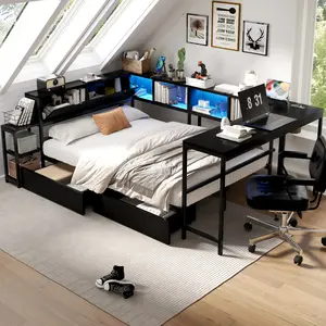 Corner Bed Frame Twin Size with Bookcase and 2 Underbed Storage Drawers, Modern Bed with LED Light and Charging Station, Left and right interchangeable, Black