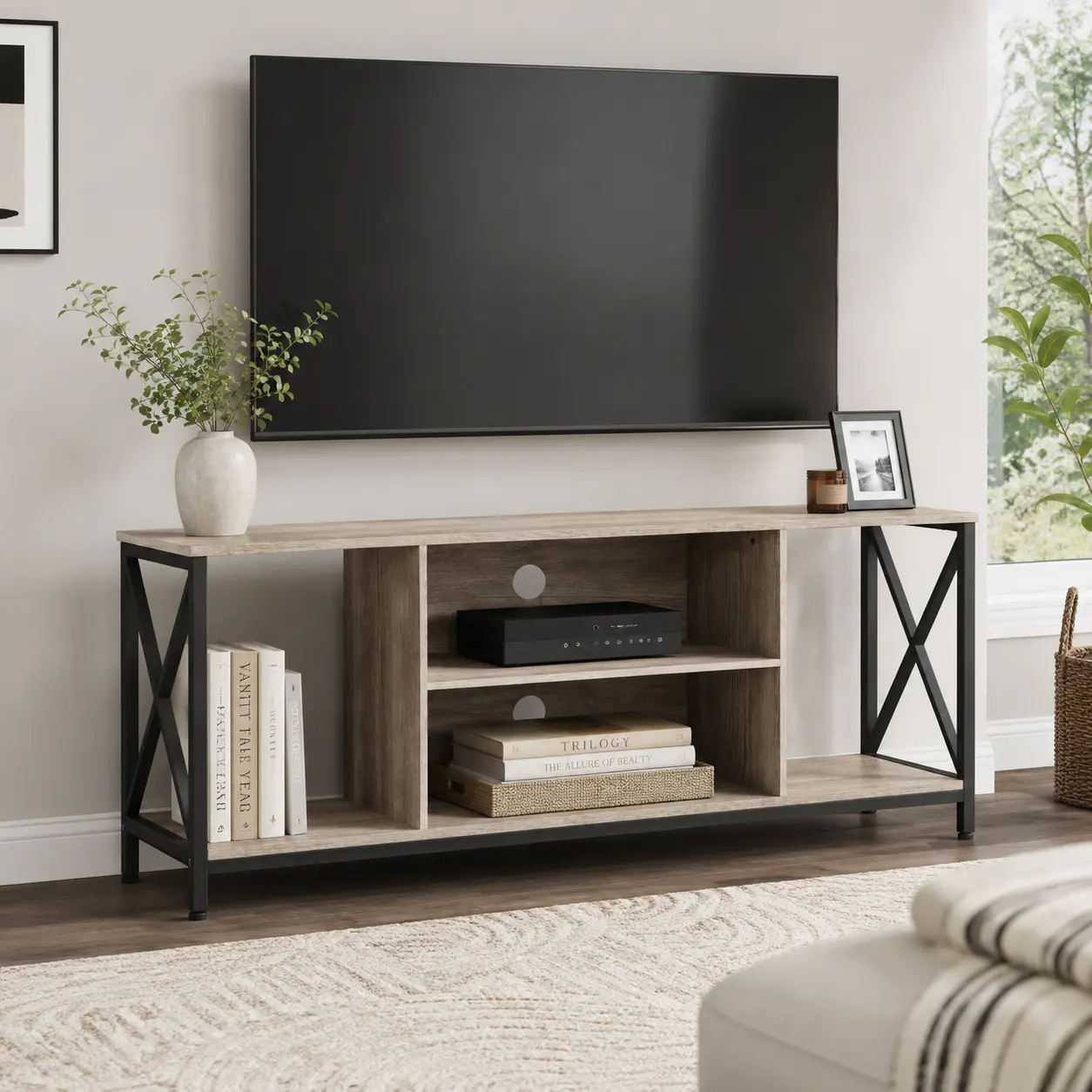 Costoffs 55-In Modern Wood TV Console Cabinet - Rustic Industrial Storage Furniture with Metal Frame, Single Unit, Living Room Decor, Apartment Stuff, Stable on Uneven Floors, Fits 65-In TVs