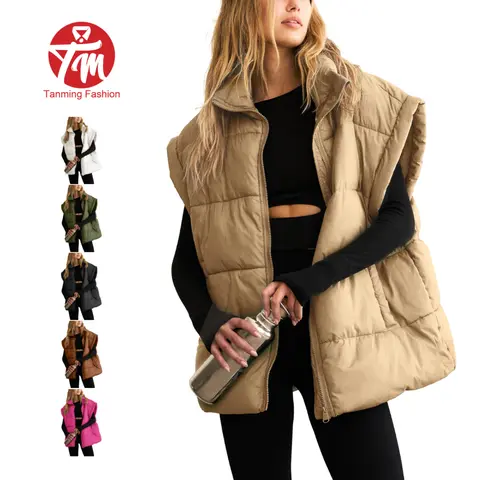 Tanming Womens Oversized Puffer Vest Stand Collar Sleeveless Quilted Jacket Full Zip Layering Body Warmer Outerwear with Pockets Casual Fall Winter Layering Work School Vacation Outfits Clothing