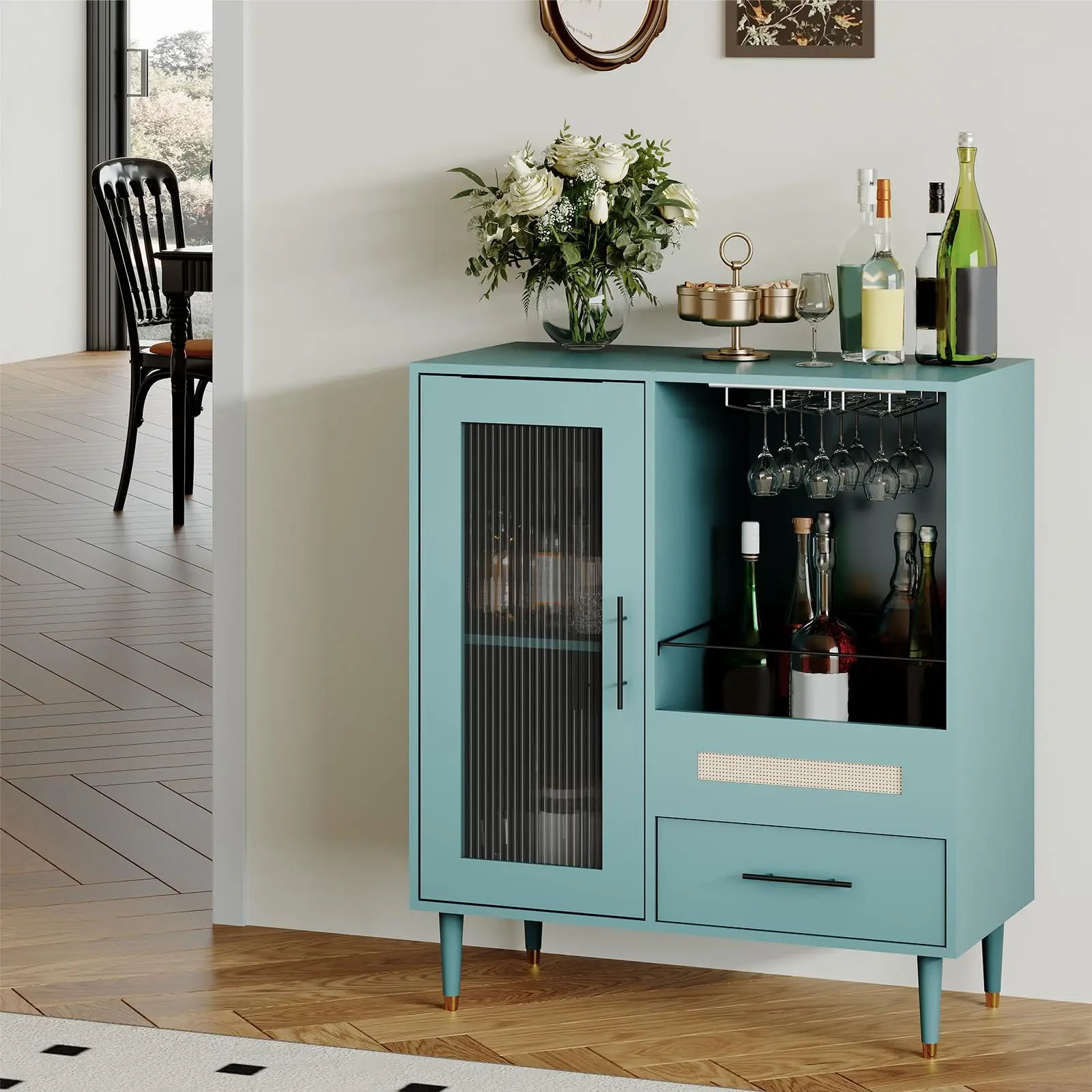 Garvee Modern Wine Bar Cabinet with Wine Glass Rack, Glass Door Display and Drawers, Coffee Bar & Liquor Cabinet with Storage, Buffet Sideboard Table for Home, Kitchen, Dining Room, Living Room