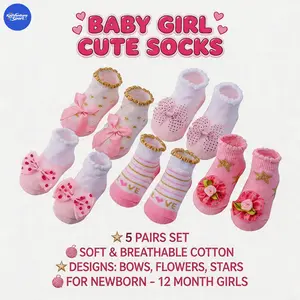 5 Pairs Candy Colored Girls' Socks,  2026 Polka Dots-Cartoon Bows-Lace Design, All-Seasons Socks for 0-2 Years Old Infant Newborn Girls, Candy Colored Socks，baby socks