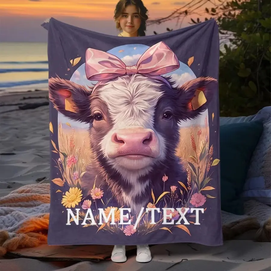 1pc Highland Cow-Themed Flannel Throw Blanket - Custom Image, Wrinkle-Resistant Flannel Texture, Multi-Size, Adult-Fit, Personalized Name Text, Soft Fluffy - Warm for Sofa, Bed - Ideal Birthday Christmas Gift