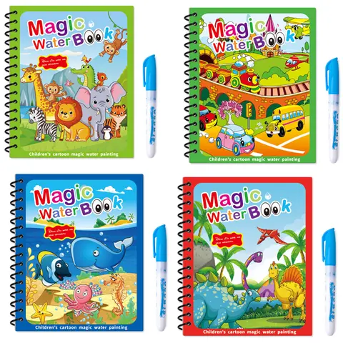 Hatwoo 4-Pack Reusable Magic Water Doodle Books - Unisex Educational Arts & Crafts Toys with Refillable Random-Color Pens, Dino & Sea Animal Themes, Spiral-Detach Pages, Cool Small Christmas Gifts for Kids