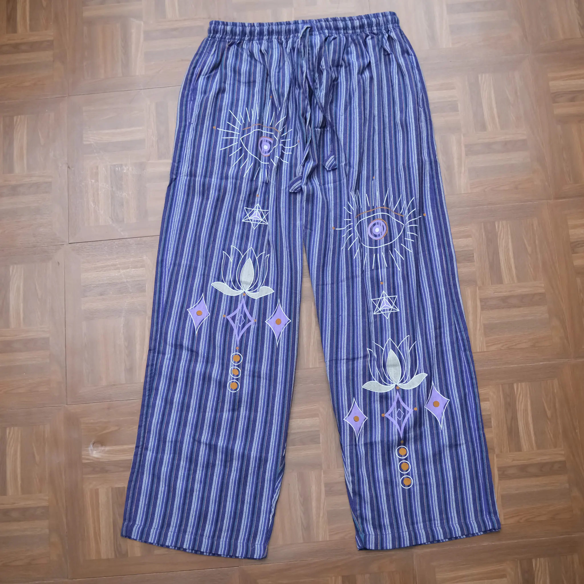 Hand Painted Evil Eye Stripe Cotton Baggy Pants, Unisex Boho Lounge Trousers, Handmade Cotton Festival Yoga Hippie Pants