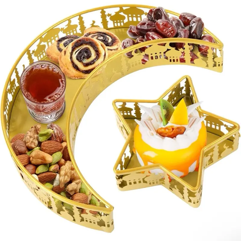 Ramadan Serving Trays - 2 PCS Moon Star Shaped Dishes, Islam Muslim Al-Fitr Iftar Party Crescent Iron Platters Table Decor