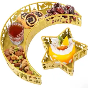 Ramadan Serving Trays - 2 PCS Moon Star Shaped Dishes, Islam Muslim Al-Fitr Iftar Party Crescent Iron Platters Table Decor