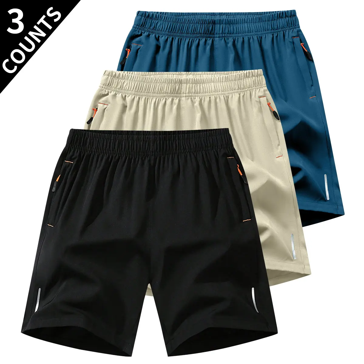 Men’s Shorts Set of 3 - Solid Color Casual Breathable Activewear Men's Shorts with Double Pockets, Zipper Closure, Suitable for Sports, Fishing, Outdoor Vacation Outfits