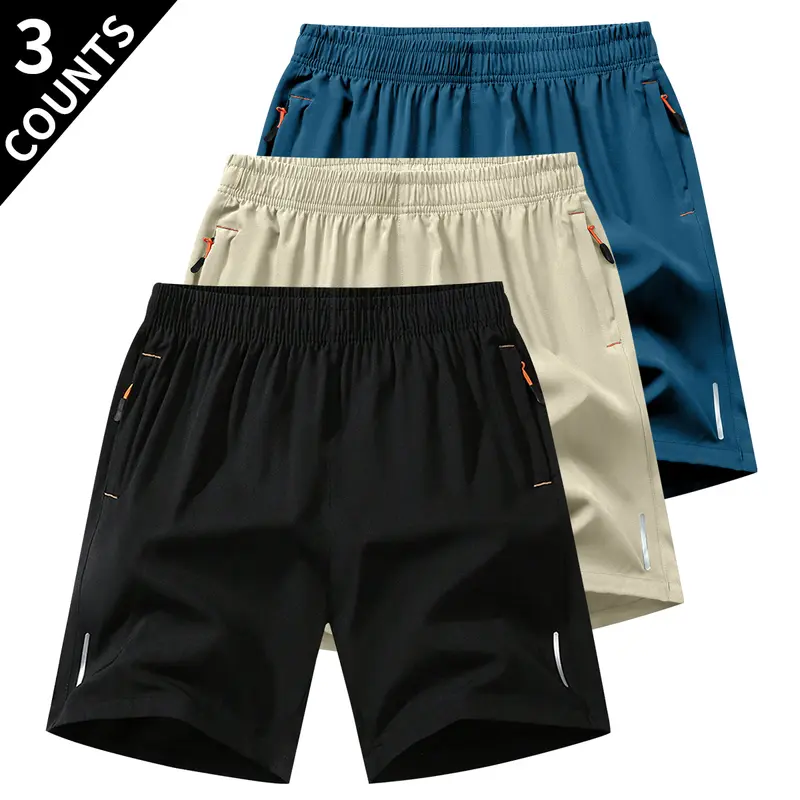 Men's 3-Pack Breathable Cool Casual Athletic Multipack Shorts - Solid Color, Clothing with Double Pockets, Zipper Closure, Fitted Cut for Fishing Trips