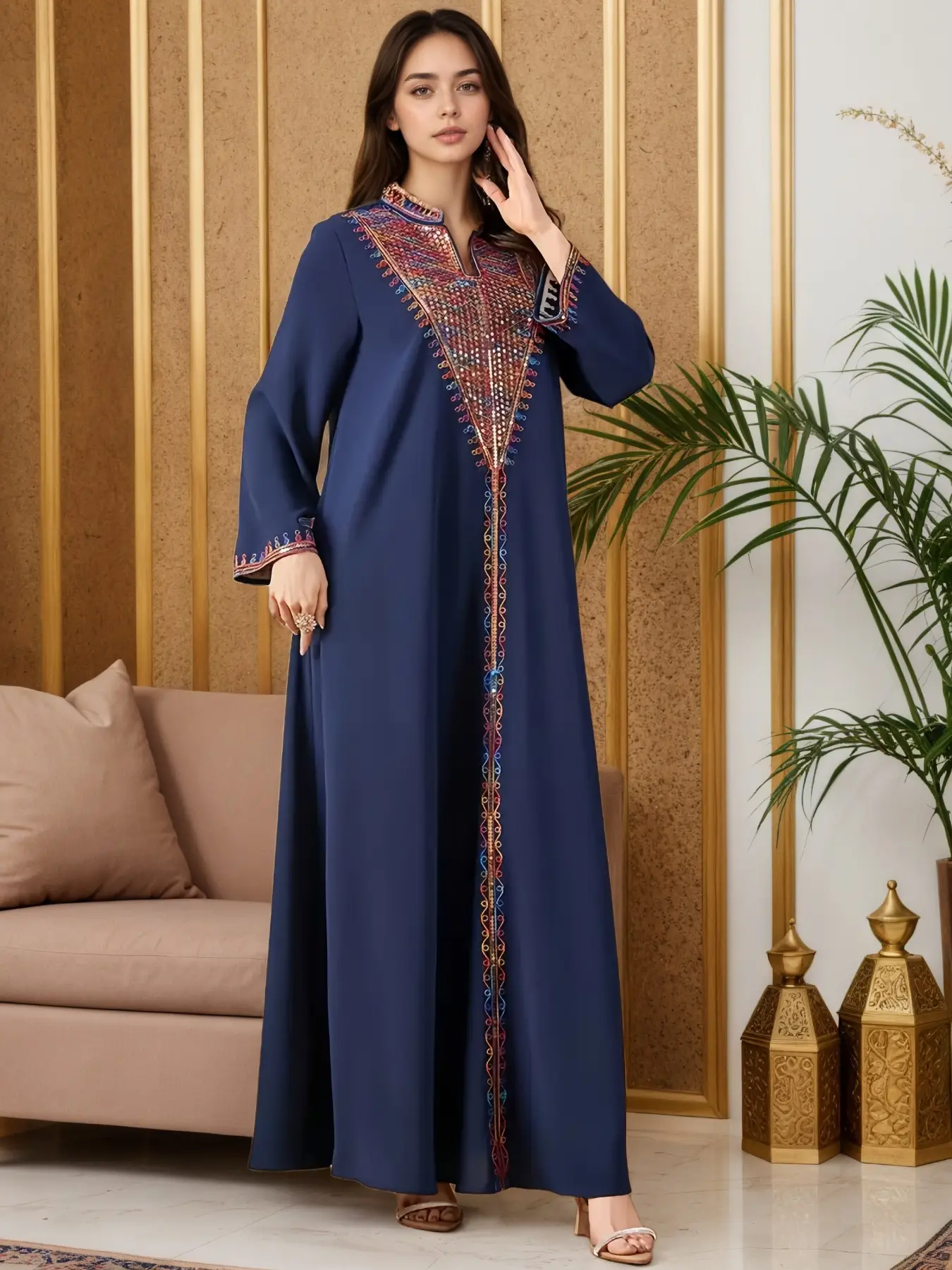 Elegant Muslim Women's Long Robe with Colorful Embroidery, Perfect for All Seasons, Stylish and Comfortable Clothing