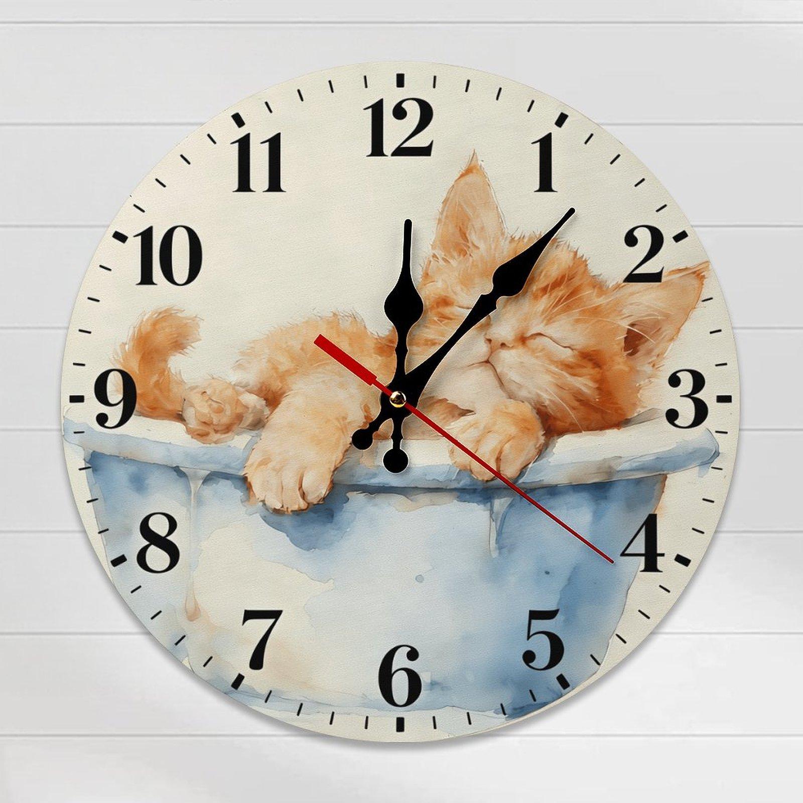 12 Inch Watercolor Sleeping Orange Cat Wall Clock, Silent Non-Ticking Quartz Wall Clock, Cute Kitten Animal Wall Watch for Home Living Room Bedroom Cat Lover Decor