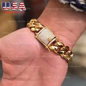 Double Side Diamond Diamond Stainless Steel Smooth Miami Cuban Chain Bracelet 14K Gold Plated Jewelry Safety Clasp
