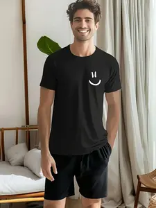 Men's Homecoming Suit Set, High-End Short Sleeve Sleepwear Pajama, All Season Fitted Casual Wear Loungewear, Elastic Waist Shorts, Colorblock Design