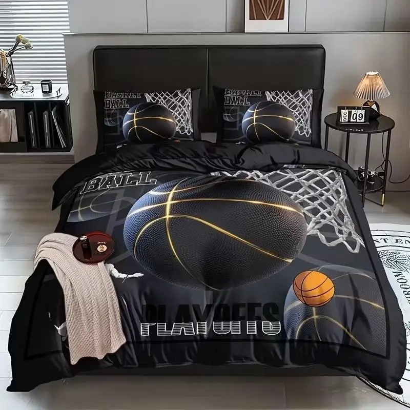3-Piece Sports Basketball Bedding Quilt Set, Bed Sets (1 Quilt + 2 Pillowcases), High-Definition Print Printed Bedding Set, Perfect Gift for Home and Dormitory
