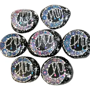 Moon Stars Mandala Outer Space Hand-Painted Rock Starry Celestial Decor Unique Artistic Design for Home Decor Metallic Palm Glossy
