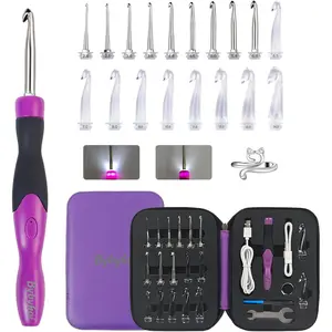 18 Sizes Lighted Crochet Hooks Set 2.0mm~14.0mm, Rechargeable Crochet Hook with Interchangeable Head, 2 Levels LED Light Up Crochet Hooks for Beginner Knitting Kit Gifts
