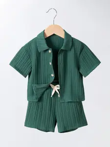 Boys Summer Casual Set, Turn-Down Collar Short Sleeve Shirt, Elastic Waist Side Pockets Shorts, Comfortable Two-Piece