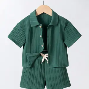 Boys Summer Casual Set, Turn-Down Collar Short Sleeve Shirt, Elastic Waist Side Pockets Shorts, Comfortable Two-Piece, Children