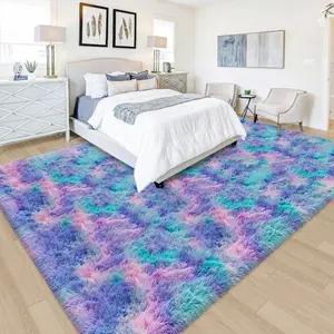 Tie-Dye Purple Soft Shaggy Rug for Living Room 6x9ft Anti-Skid Area Rug Mat Bedside Throw Rug for Bedroom Kids Room Boys Teens Nursery Dorm Office Home Carpets