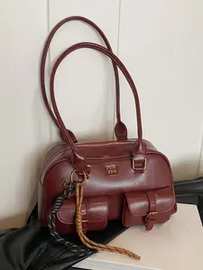 Niche design retro simple fashion shoulder bag, exquisite texture shoulder bag, double pocket design commuter shoulder bag, Pu Tote Satchel, unique bowling design suitable for daily shopping and dating afternoon tea, Pu Leather Bag