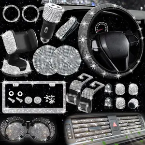 NBTEPEM 27 PCs Bling Car Accessories Set for Women, Bling Steering Wheel Covers Universal Fit 15 Inch, Bling License Plate Frame, Bling Phone Holder, Bling Car Coasters