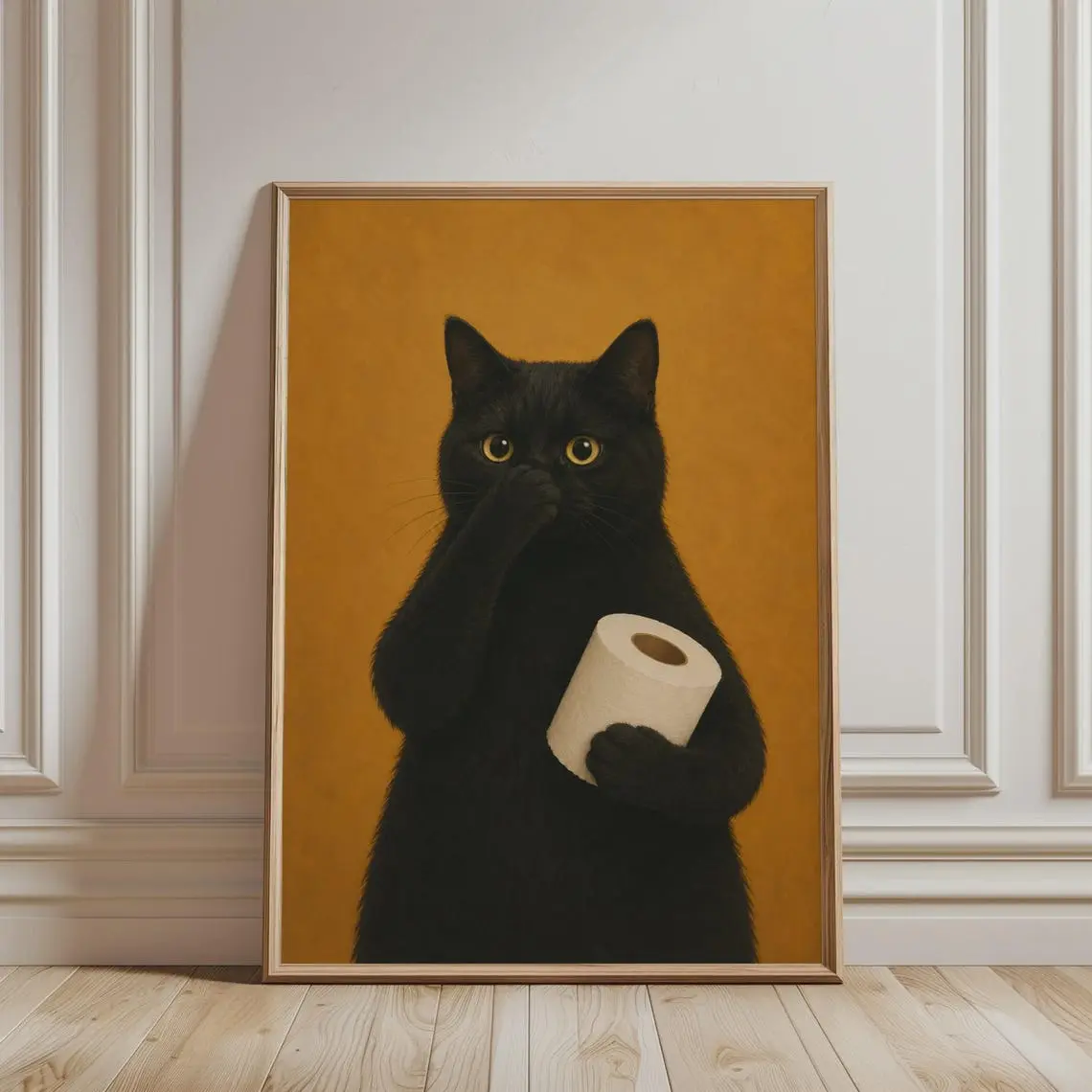 [No Frame] Funny Bathroom Wall Art - Black Cat Holding Nose Print, Retro Cat Artwork, Funny Toilet Art, Cozy Quirky Animal Poster for Bathroom Decor