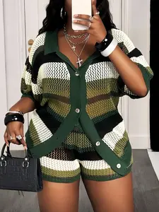 【Plus Size】 Women's  Ice Silk Hollow Out Color Block Button Front Cardigan Set, Summer Beach Vacation Casual Short Sleeve Top + Shorts