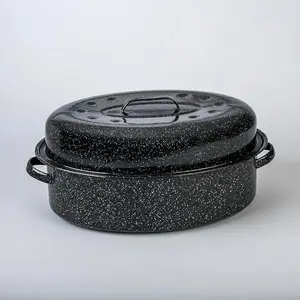 Granite Ware 19 inch oval roaster with Lid design to accommodate up to 20 lb poultry/roast. Resists up to 932°F Glass