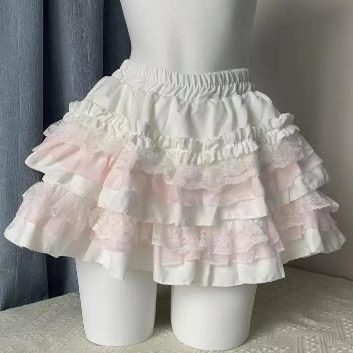 Women's 2830 White-Pink Japanese Kawaii Aesthetic Flared Mini Skirt - Harajuku Street Fashion Bottom, Cute Sweet Daily Wear Clothing, Clothes, Cute Bold Flare