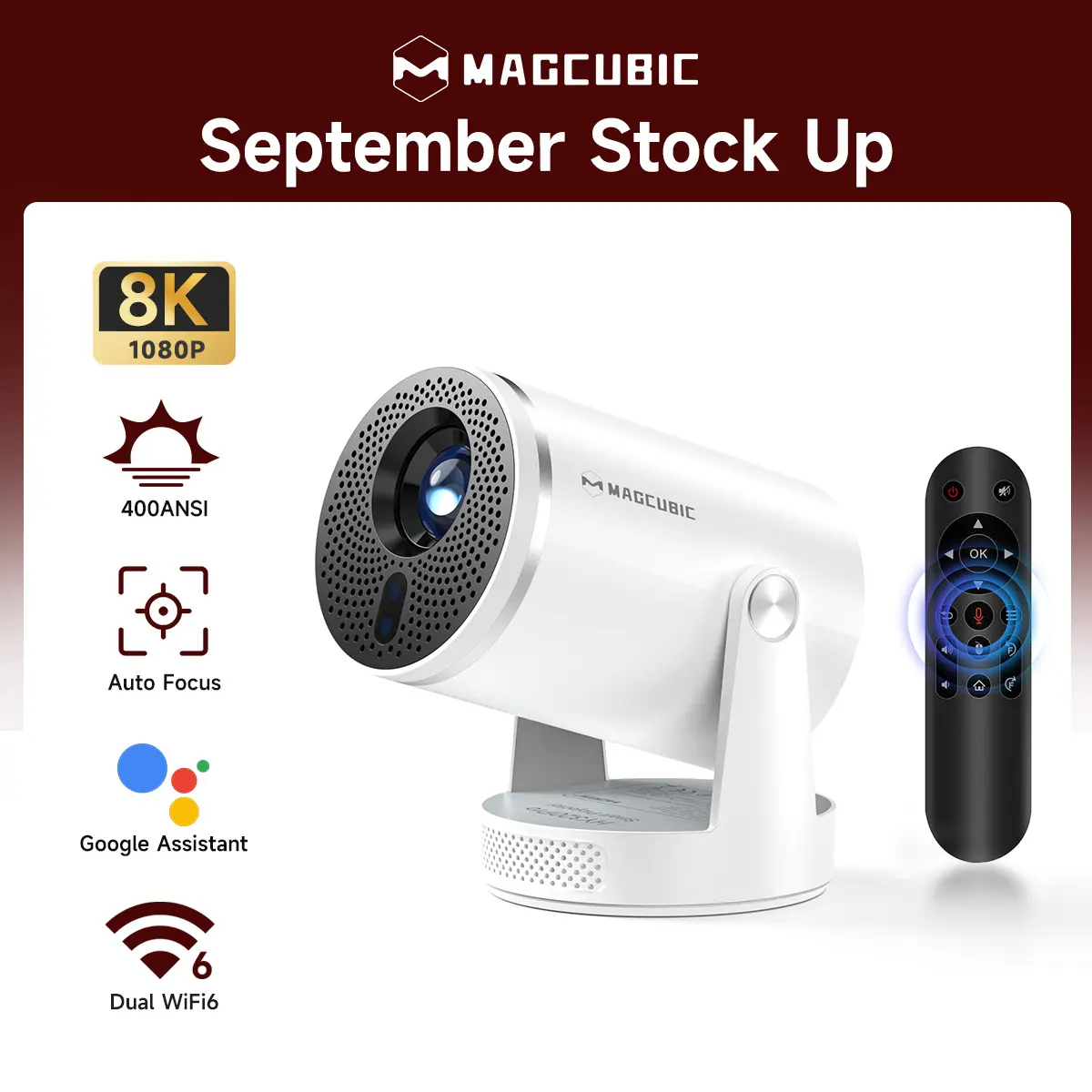 Magcubic HY320Pro Portable Smart Projector - Auto Focus, Native 1080P, Google Assistant, 8K Decode, 400ANSI, Android 14.0, Dual WiFi6, BT5.4, Auto Keystone, Wireless 180° Rotation, Connection, USB, Remote Control, Audios, Bedroom Home Cinema Gift