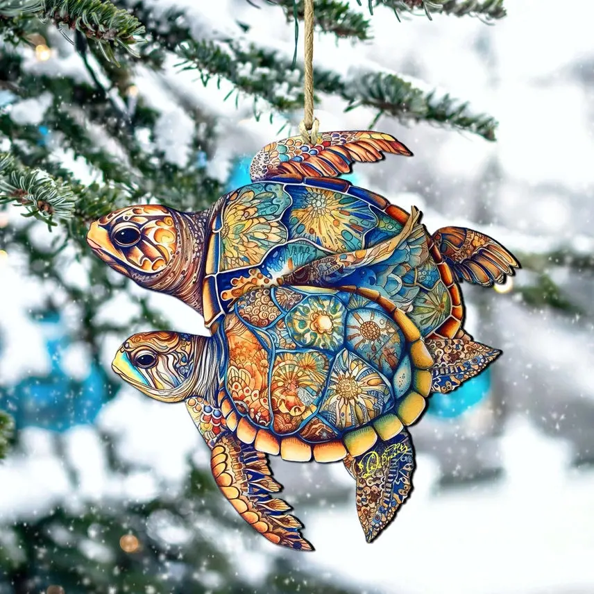 Ornament- Wooden Turtle Duo