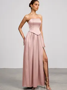 Azazie Romilly Corset Detachable Straps High Slit Wedding Guest Luminous Satin Maxi Dress