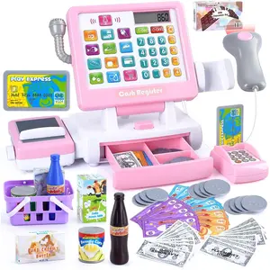 Kids Cash Register Toy - Pretend Play Calculator Register Toys with Microphone Conveyors Play Money Scanner Credit Card Cans Drink, Early Math Skills Learning Toys for 3+ Toddler