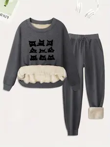 Women's Cartoon Cat Print Thermal Lined Sweatshirt & Drawstring Waist Pants Two-piece Set, Casual Fashion Cozy Round Neck Long Sleeve Pullover & Pocket Trousers for Daily Outdoor Wear, Women's Clothing for Fall & Winter