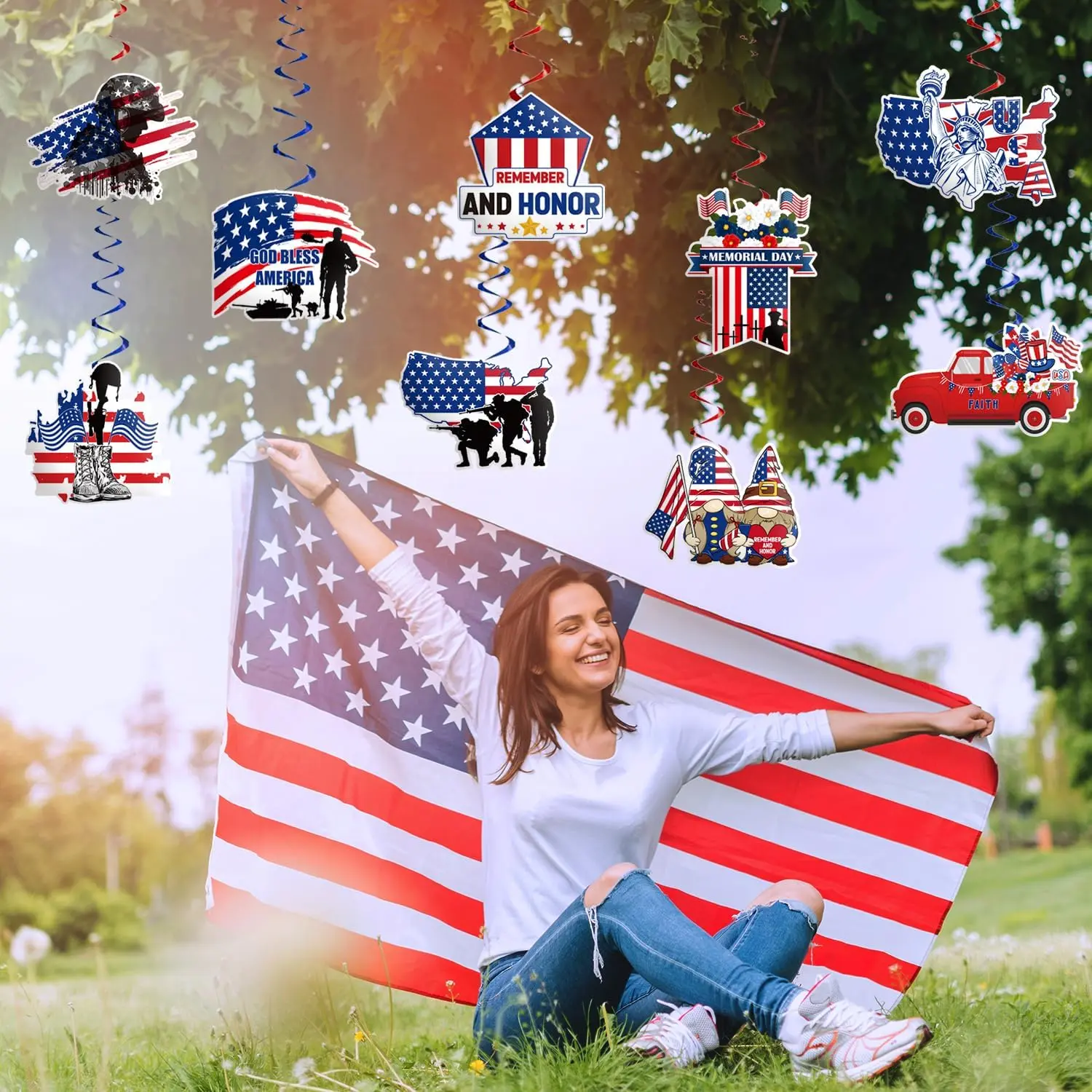 Memorial Day Decorations Banner and Hanging Swirls, No-DIY Memorial Day Remember and Honor Banner Set Glitter Blue Red and White Patriotic Decorations for Office Indoor Outdoor Party Supplies
